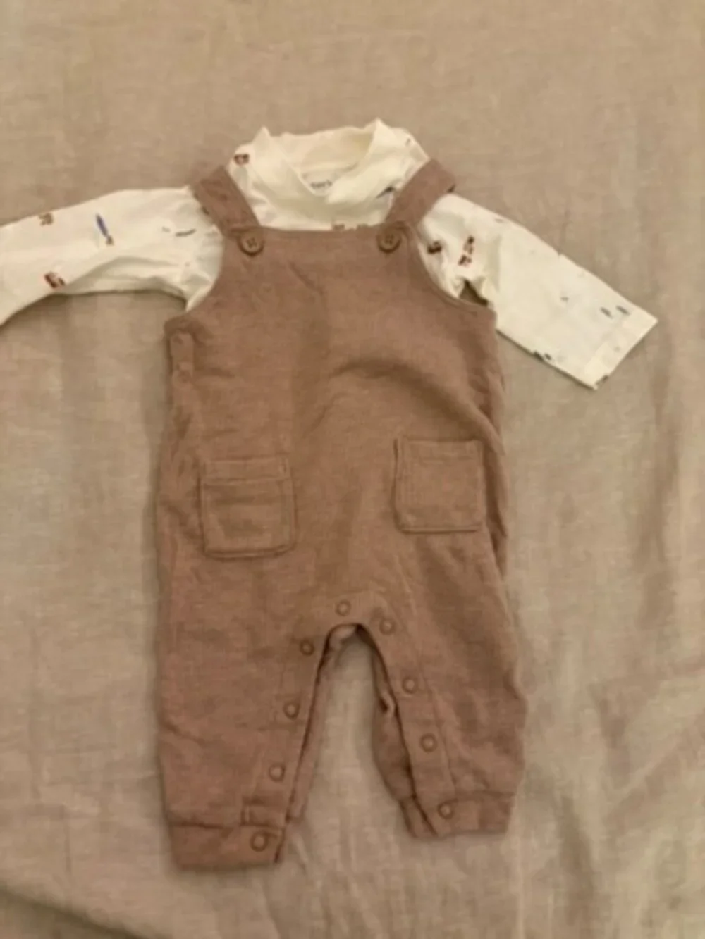 Carter’s Baby Boy Train Shirt & Tan Overalls Outfit Set 3M